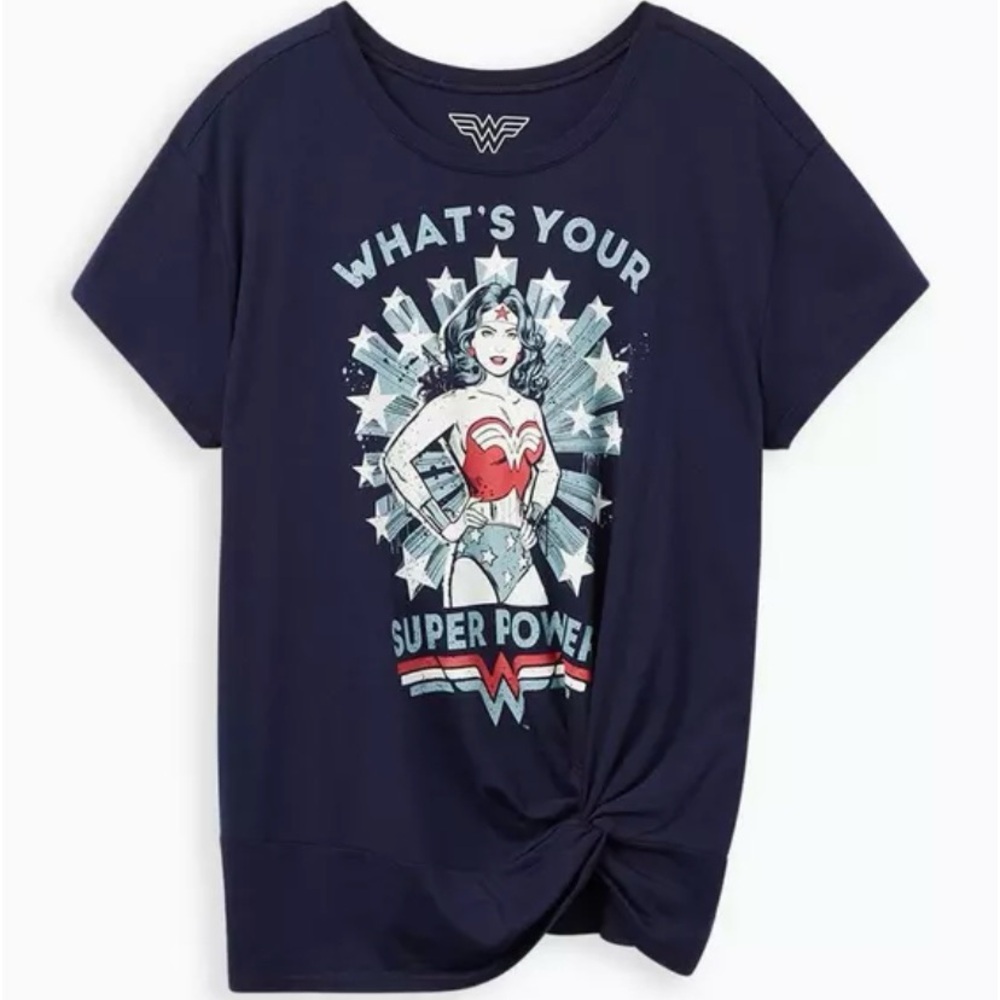 NWT torrid DC Comics Wonder Woman Super Power Navy Knot Front Top Graphic Tee